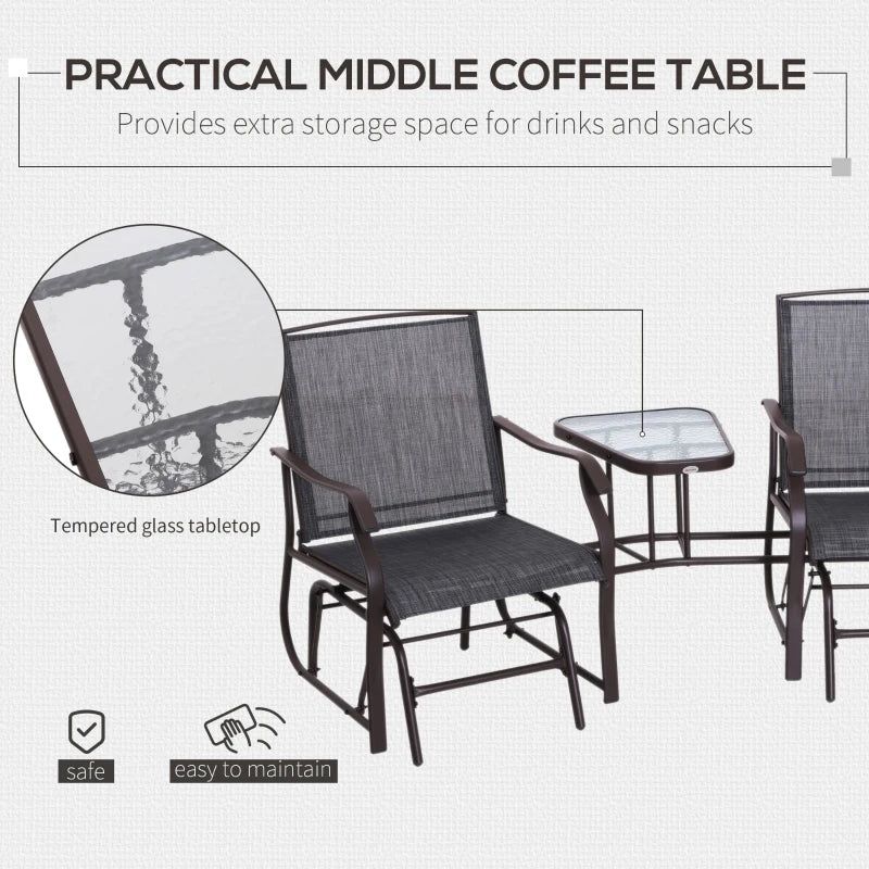 Pair of Rocking Chairs with Table & Breathable Mesh Fabric Seat - Brown Frame & Grey Mesh