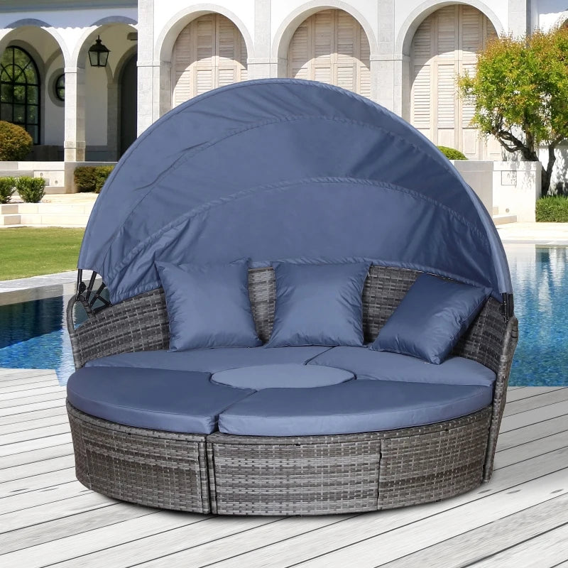 Grey Rattan Round Sofa Bed with Cushions and Retractable Canopy