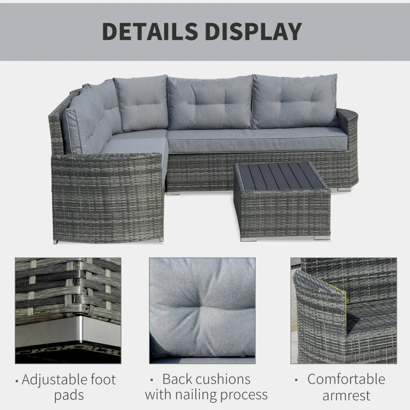 Grey 4 Seater Rattan Corner Sofa Set With Padded Cushions & Topper Coffee Table