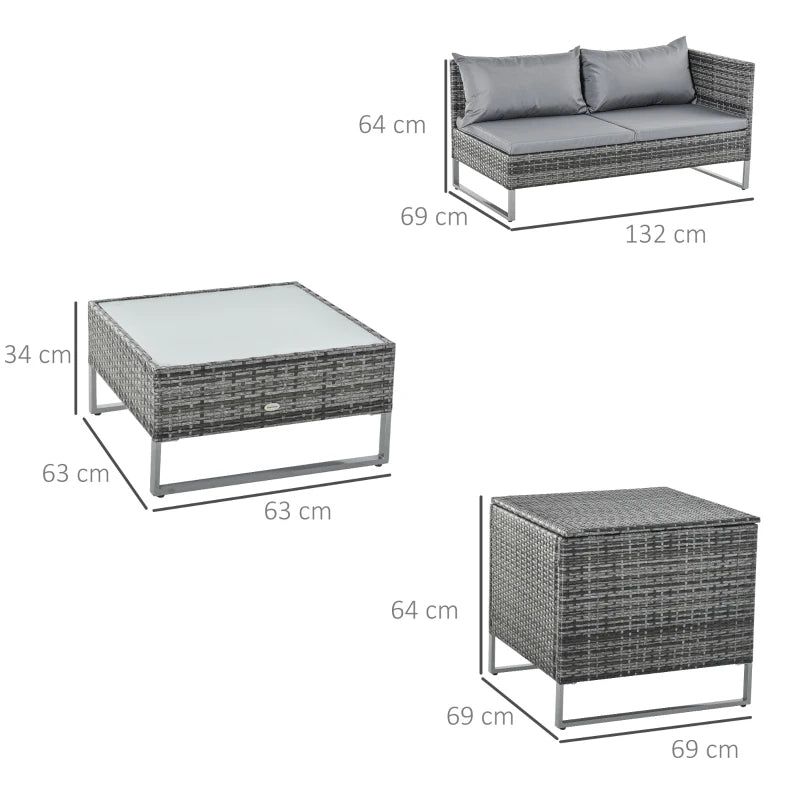 x2 Mixed Grey Rattan Sofas With Grey Cushions and Table Set with Side Desk Storage