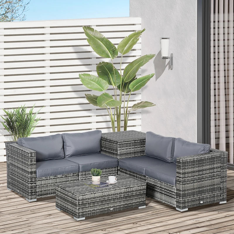 4 Seater Mixed Grey Corner Rattan Sofa With Glass Top Table and Storage Unit