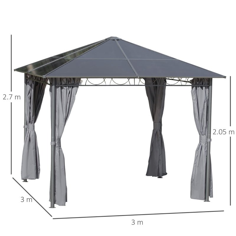 Grey 3 x 3m Hardtop Gazebo with UV Resistant Polycarbonate Roof - Trade Warehouse