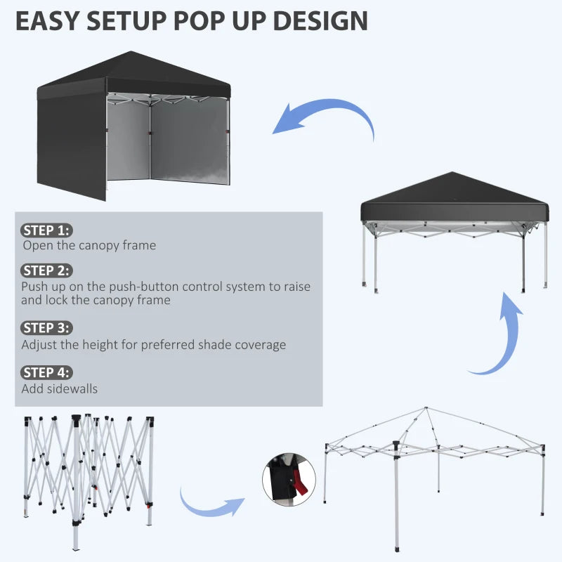 3m x 3m Pop Up Event Shelter - Height Adjustable Party Tent with 2 Sidewalls - Weight Bags and Wheeled Bag Included