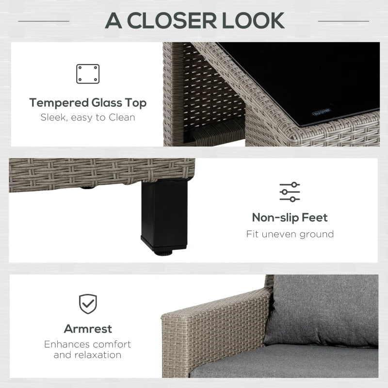 8 Piece Grey Rattan Sofa Set With Tempered Glass Coffee Table & Cushions