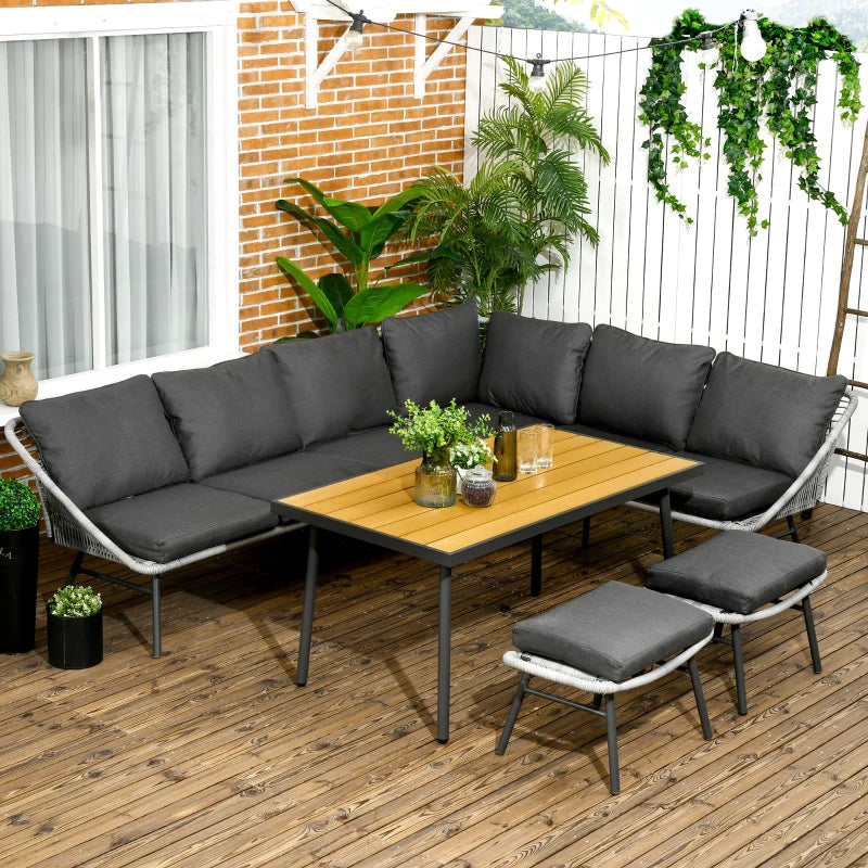 Dark Grey 6 Seater Rattan Furniture Set with Sofa, Footstool and Wood-Plastic Coffee Table