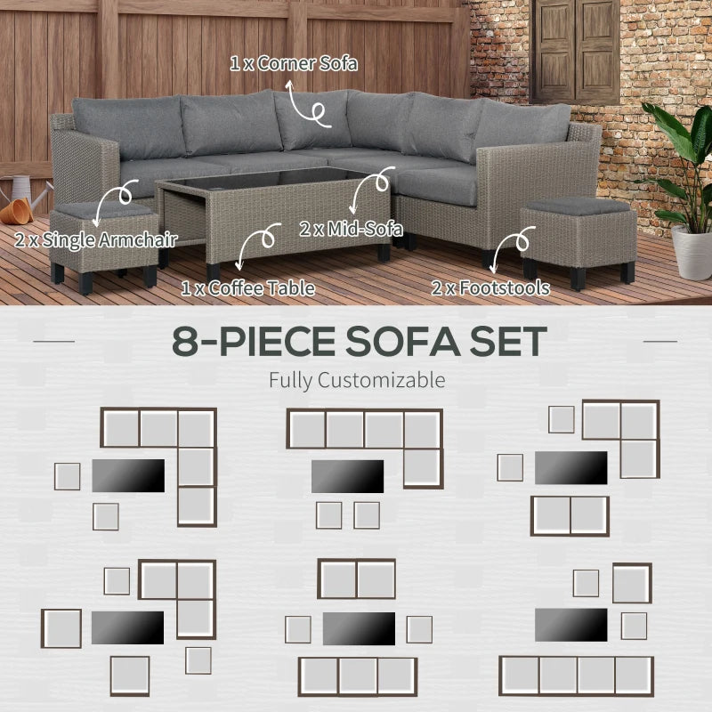 8 Piece Grey Rattan Sofa Set With Tempered Glass Coffee Table & Cushions
