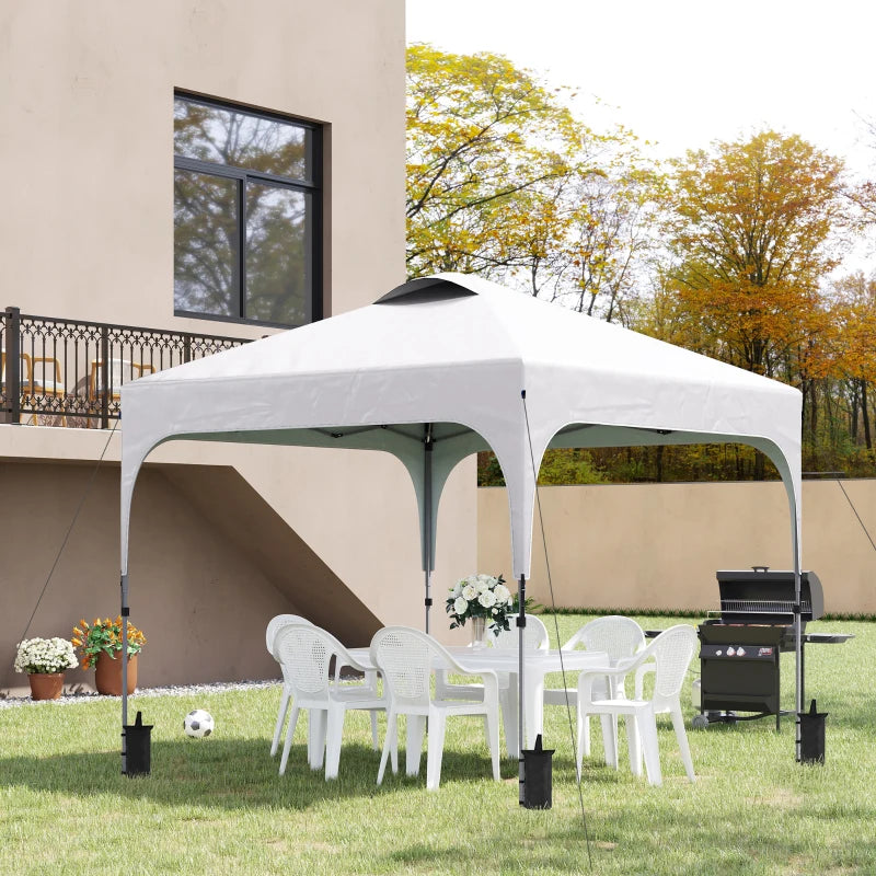 3m x 3m White Pop Up Gazebo, with Wheels and 4 Leg Weight Bags - Height Adjustable