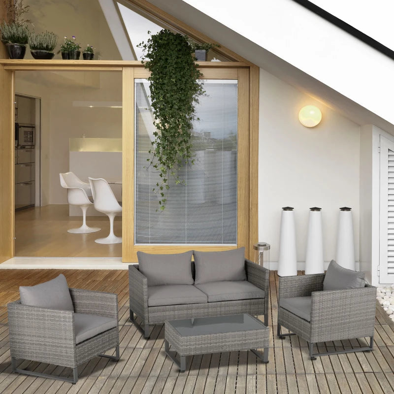 Light Grey Wicker Chairs and 2 Seater Sofa With Glass Top Coffee Table