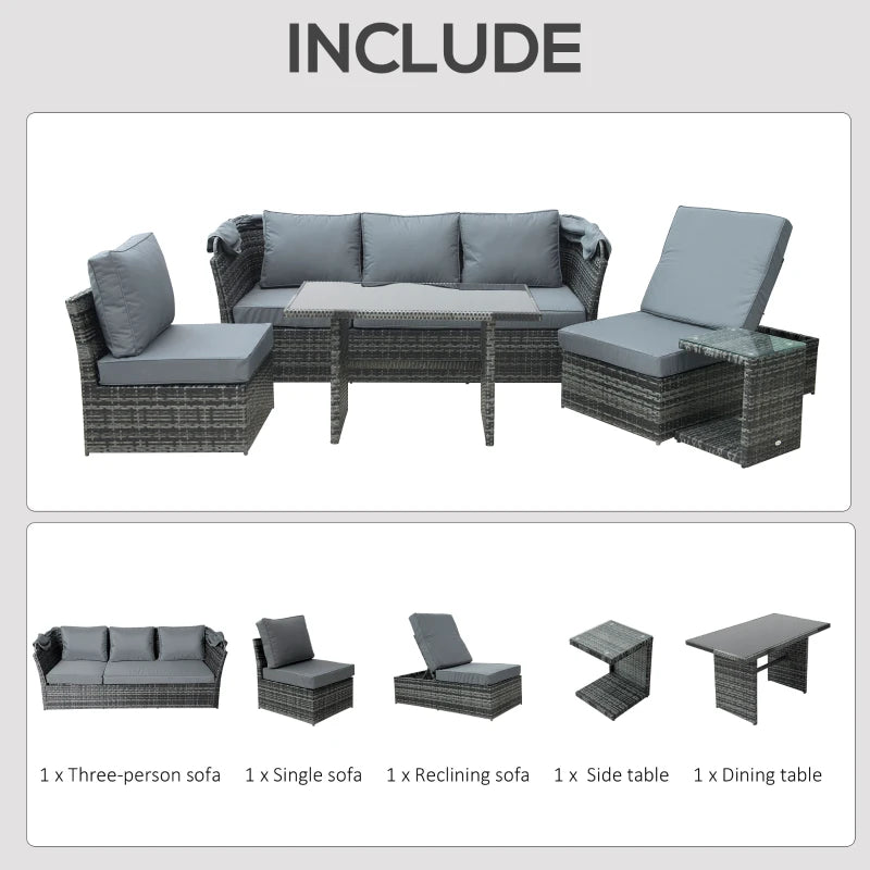 Grey 5 Piece Rattan Furniture Set With Reclining Sofa & Dining Table Set