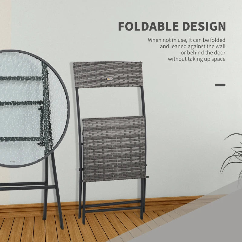 Light Grey Rattan Bistro Set With Foldable Table and Chairs