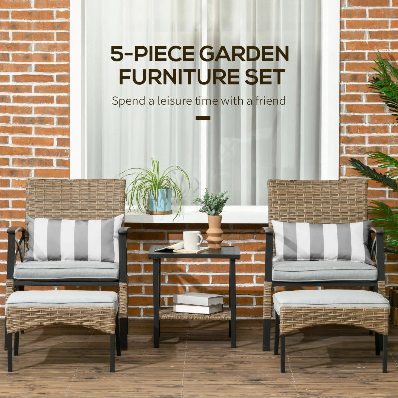 5 Piece Rattan Bistro Set With Footrests & Padded Outdoor Seating