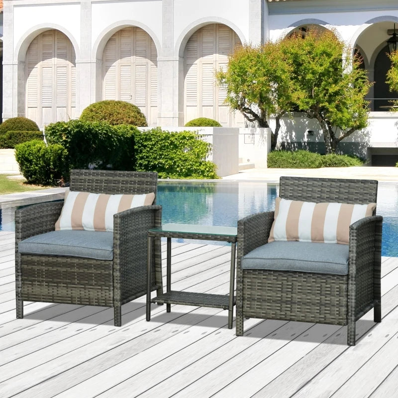 Grey Rattan Bistro Set With Blue Cushions and Striped Pillows, Plus Glass Top Table