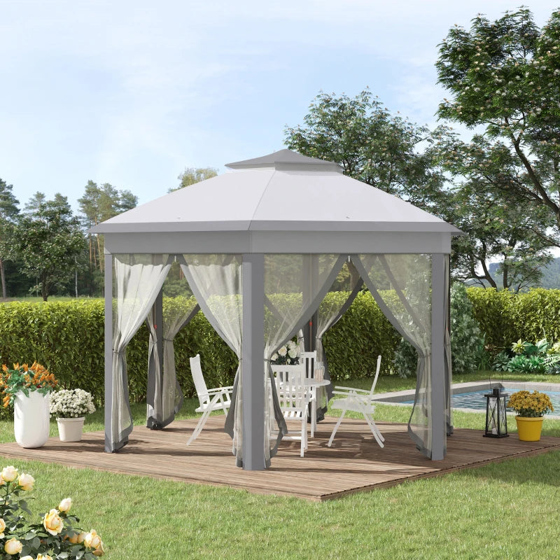 Grey Hexagon Pop Up Gazebo With Double Roof and Netting