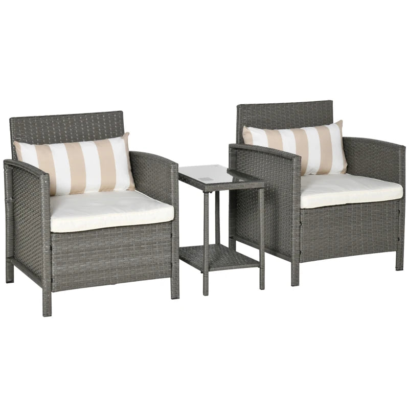 Light Grey Rattan Bistro Set With Cushions and Striped Pillows, Plus Glass Top Table