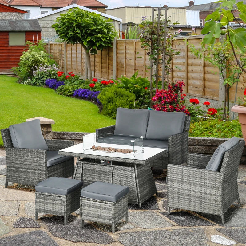 Grey 6 Seater Rattan Furniture Set With Fire Pit Table - Wicker Loveseat, 2 Armchairs and 2 Footstools Included