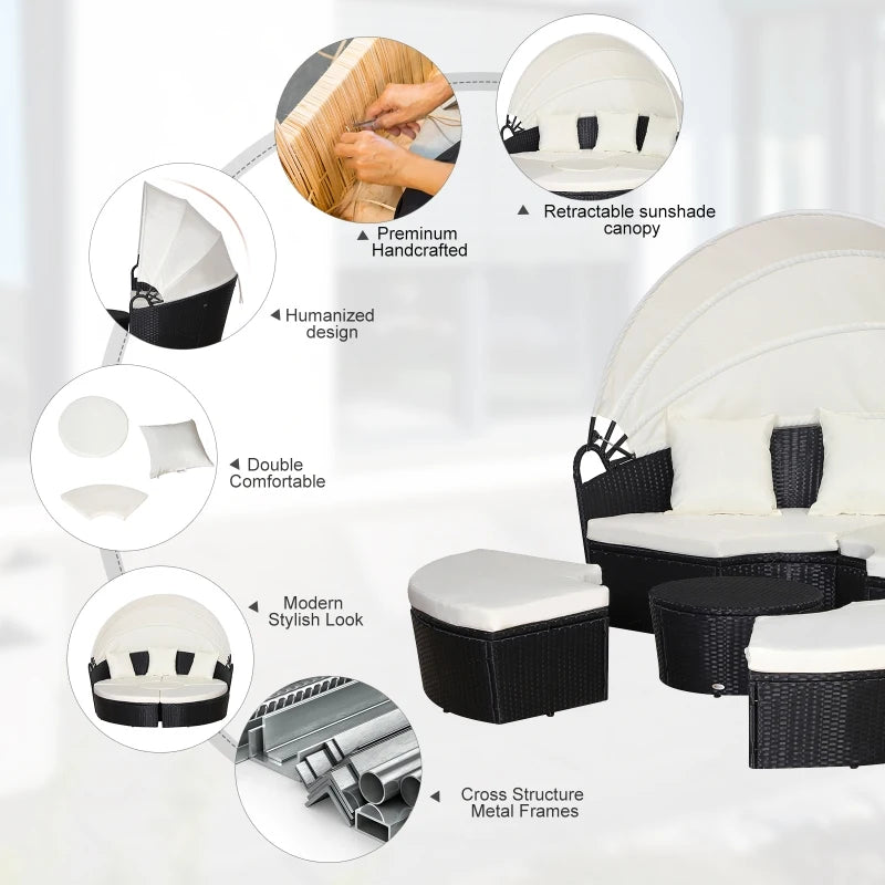 Black Five-Piece Rattan Garden Bed With Canopy And Cream Cushions