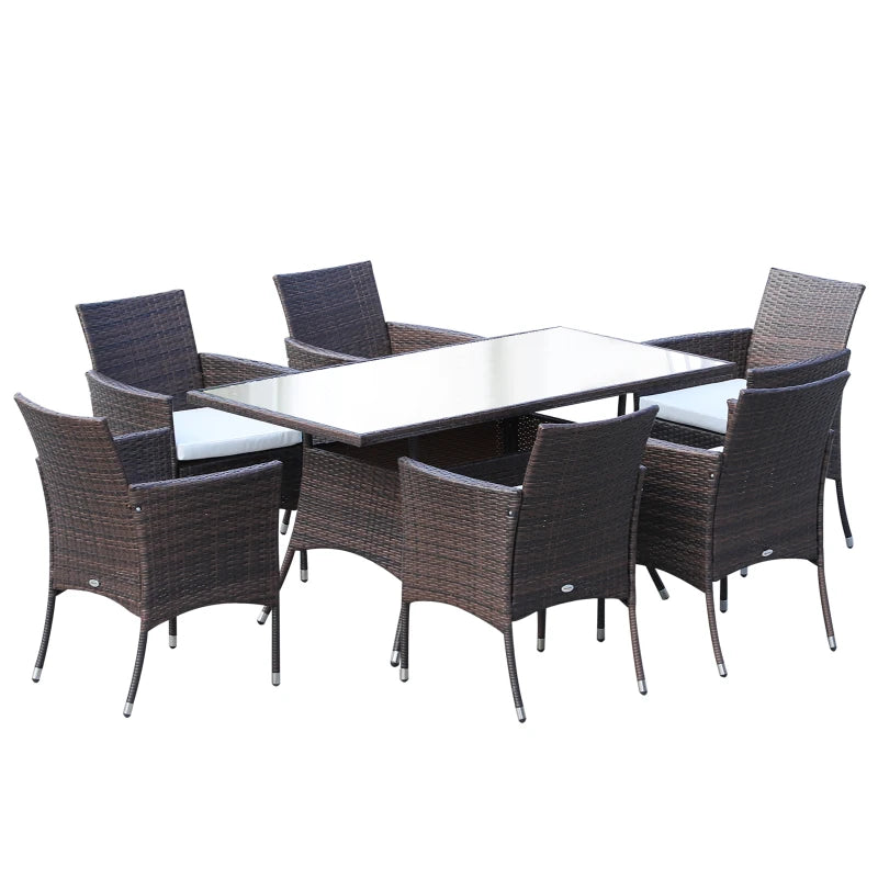 6 Seater Rattan Dining Set with Cushions - Rattan Garden Furniture Set with 6 Armchairs & Rectangular Glass Top Table