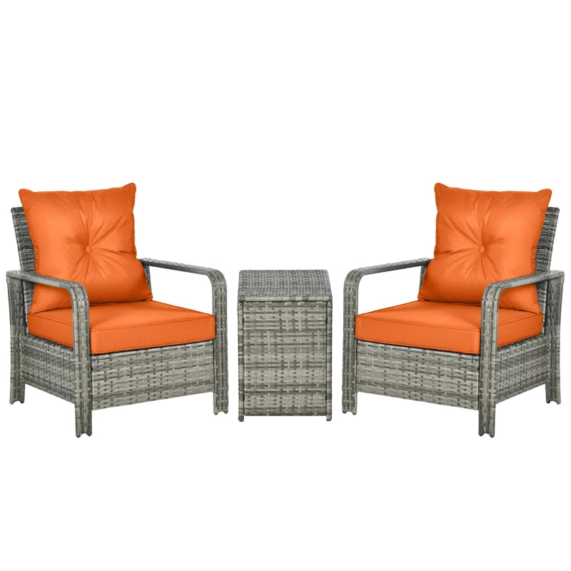 Mixed Grey Rattan Bistro Set With Orange Cushions and Storage Table