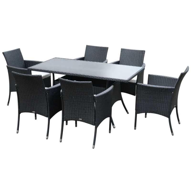 Black 6 Seater Rattan Dining Set With 6 Armchairs, Rectangular Glass Top Table, Outdoor Dining Table and Chairs