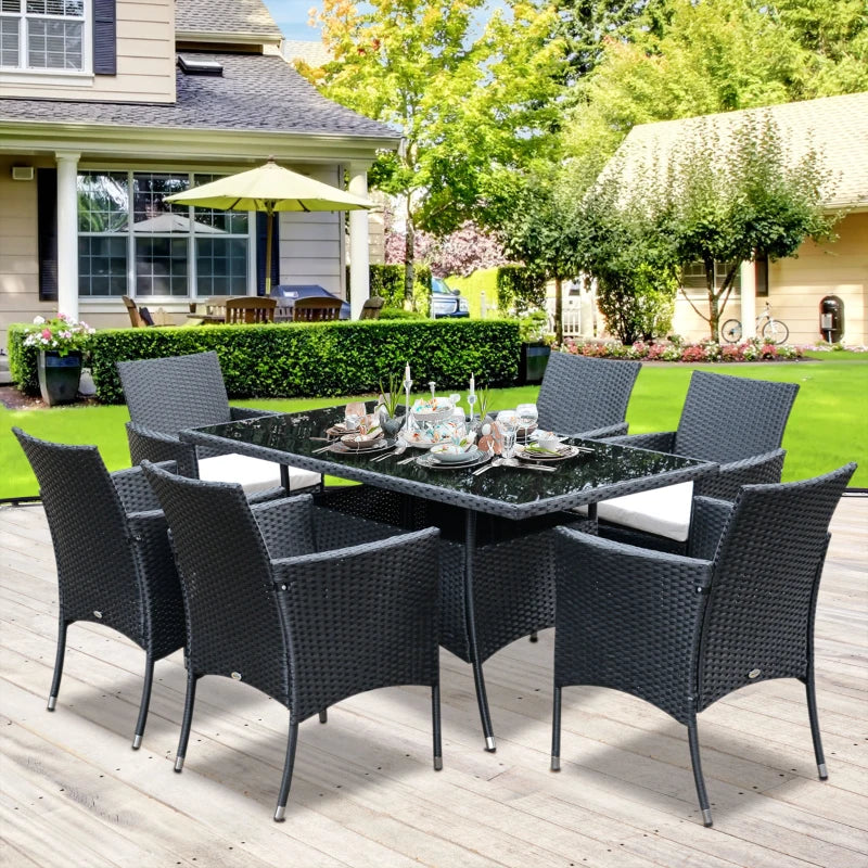 Black 6 Seater Rattan Dining Set With 6 Armchairs, Rectangular Glass Top Table, Outdoor Dining Table and Chairs