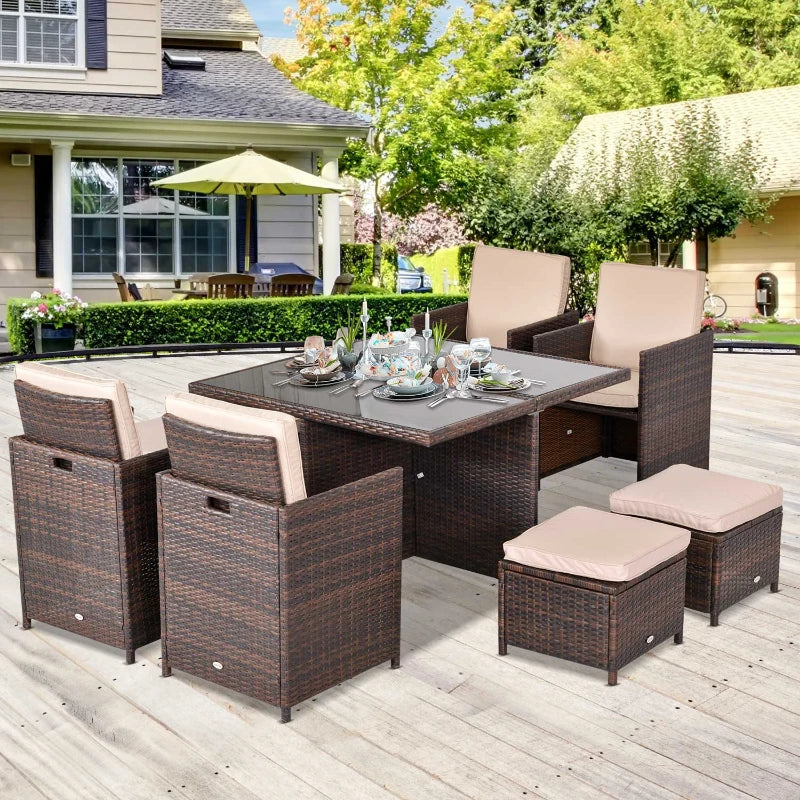 Brown Rattan Dining Set With Light Coloured Cushions & Table