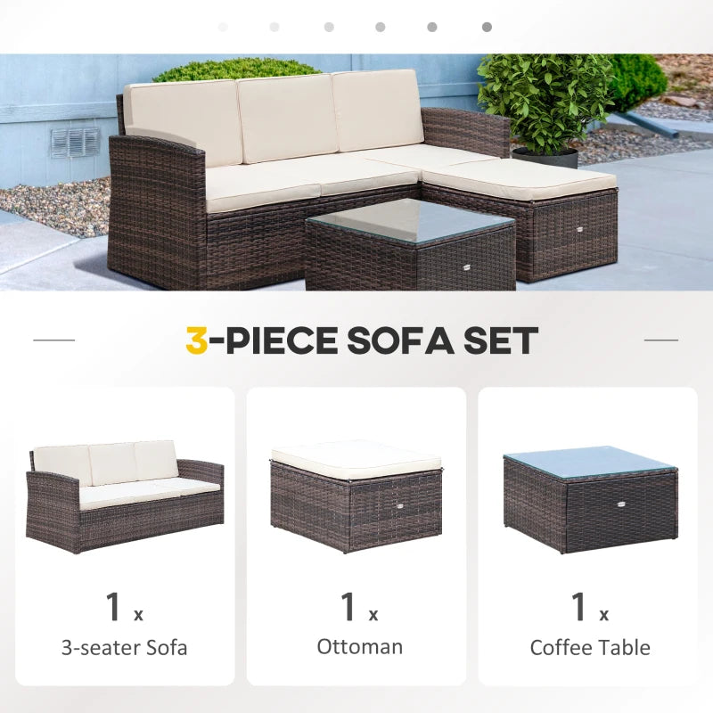 Brown L-Shaped 3 Seater Sofa With White Cushions and Glass Top Coffee Table