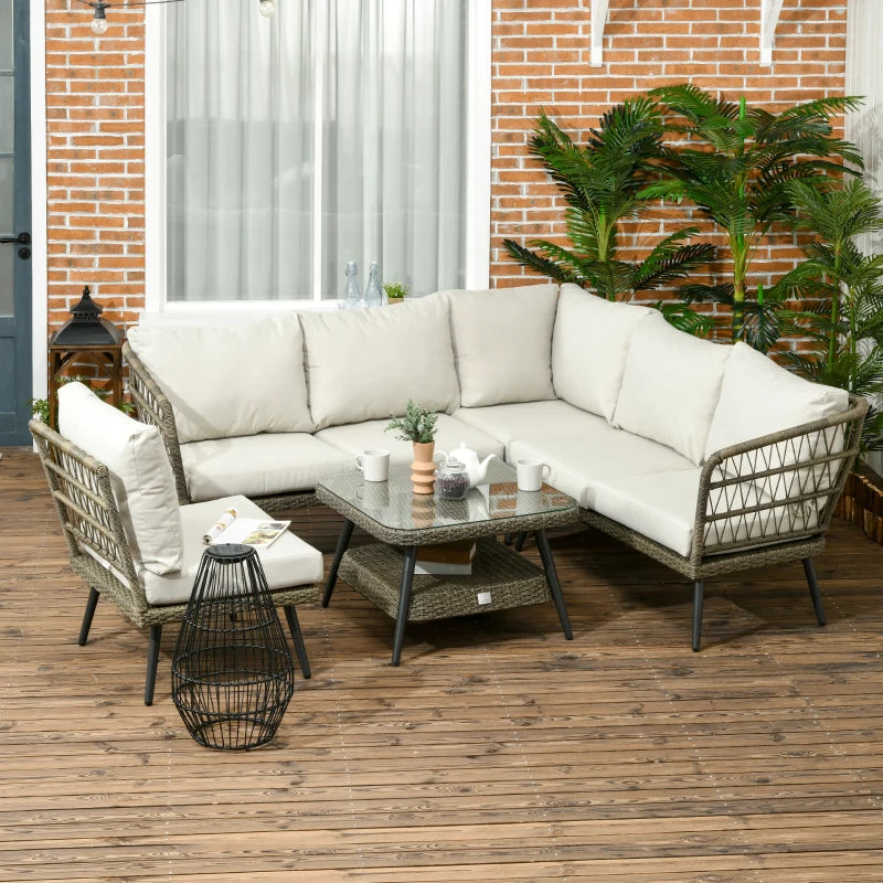 6-Seater Rattan Corner Sofa With Rounded Edges And Tempered Glass Two-tier Table