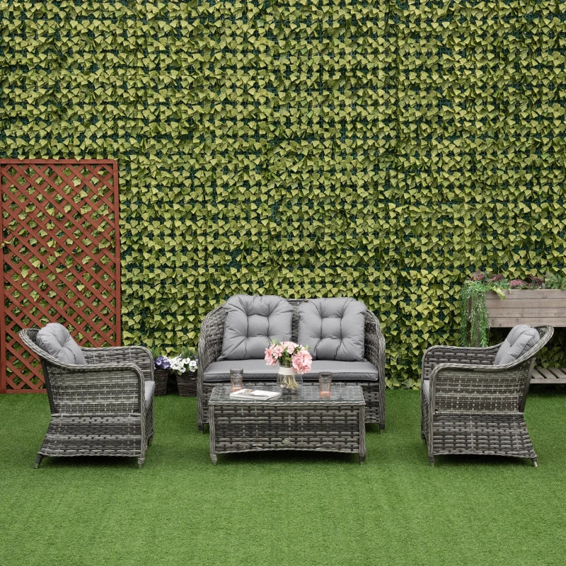 4 Pieces Outdoor PE Rattan Sofa Set with Glass Top Coffee Table, Mixed Grey