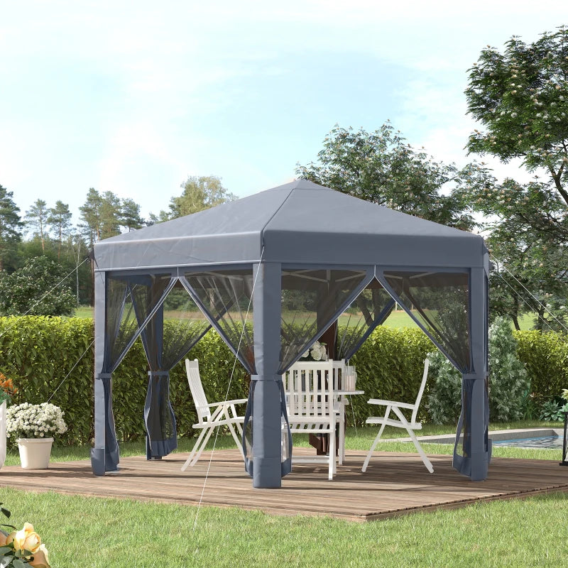Grey 3.2m Hexagonal Pop Up Gazebo with Mesh Sidewalls