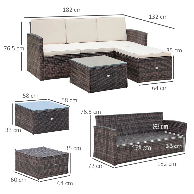 Brown L-Shaped 3 Seater Sofa With White Cushions and Glass Top Coffee Table