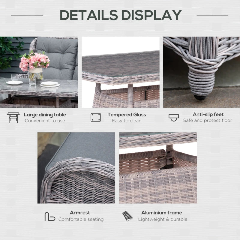 Grey 4 Seater Wicker Furniture Set - High Back Chairs with Cushions, Tempered Glass Coffee Table