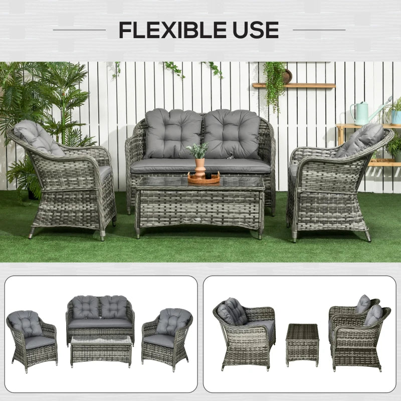 Grey 4 Piece Rattan Furniture Set With Glass Top Coffee Table