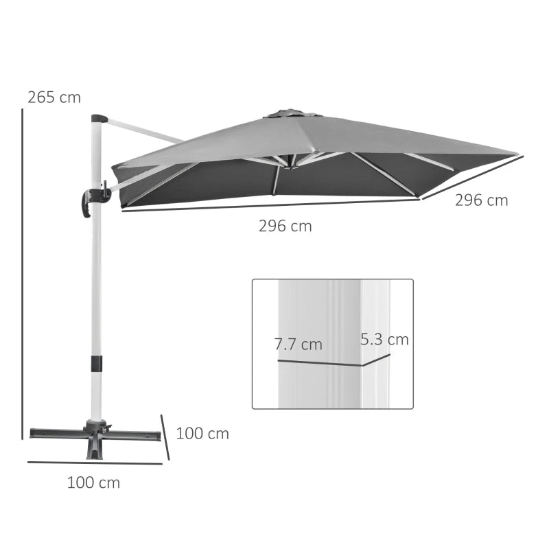 Light Grey 3m Square Cantilever Parasol With Cross Base