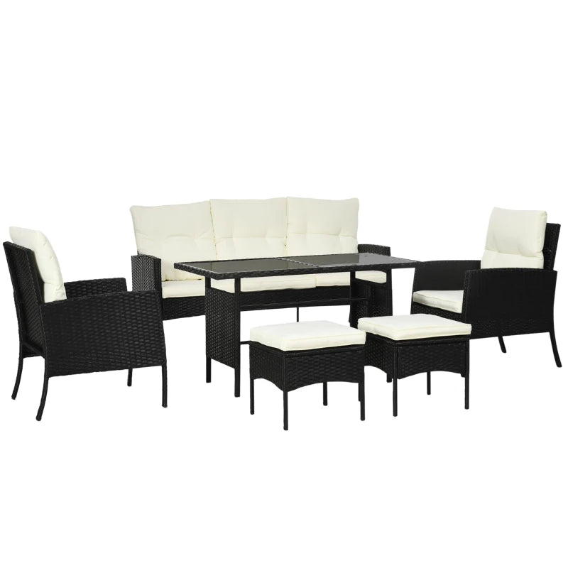 Black 6 Piece rattan Furniture Set - 2 Armchairs, 3-Seater Wicker Sofa, 2 Footstools and Glass Table