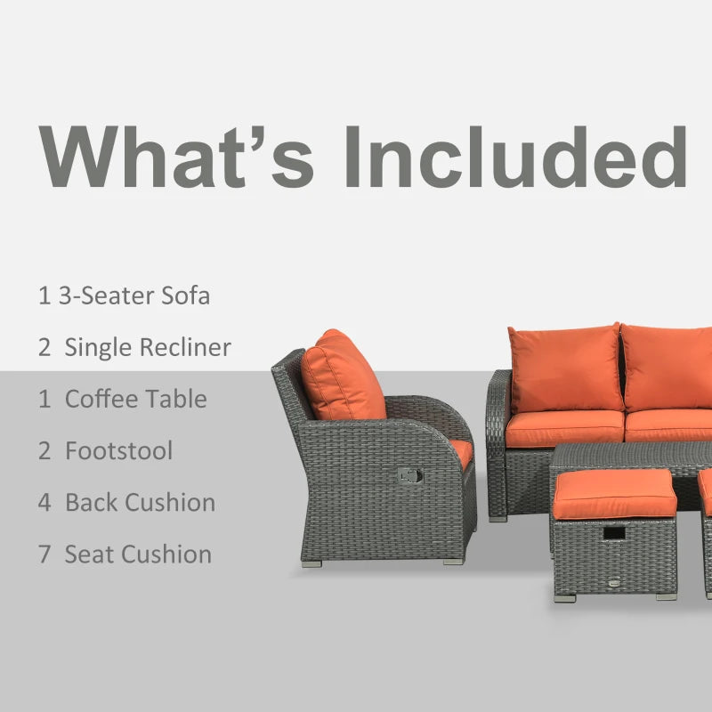 3-Seater Orange Cushioned Rattan Sofa With 2 Armchairs and 2 Footstools + Coffee Table