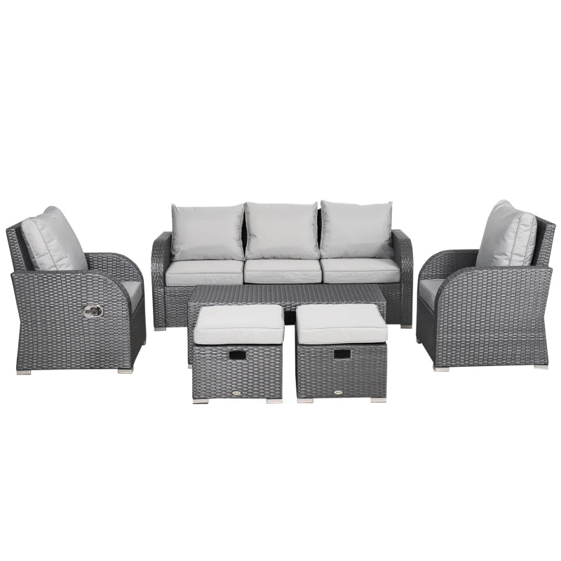 Light Grey 7 Seater Rattan Sofa, Coffee Table & Footstools