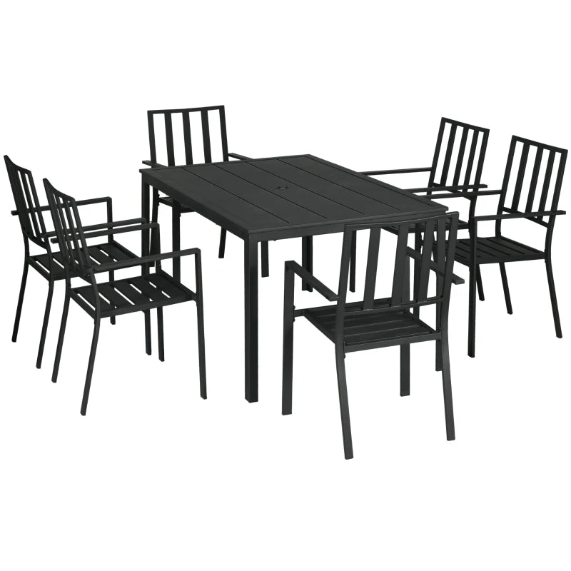 Black 7 Piece Metal Garden Dining Set With Table & 6 Stackable Chairs