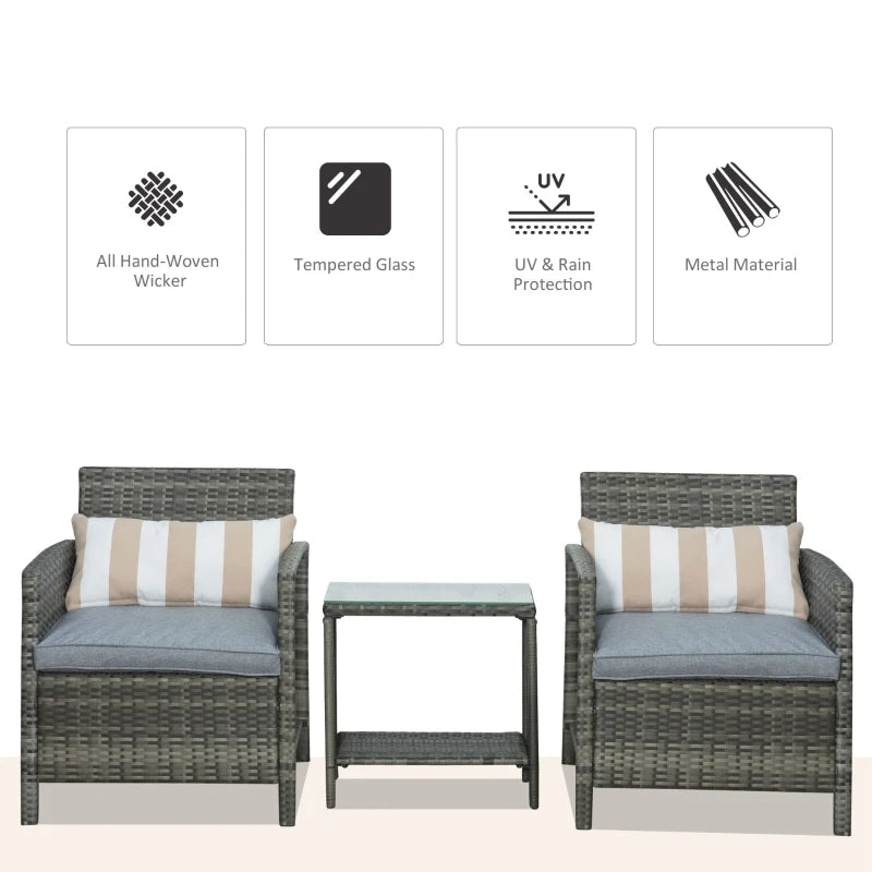 Grey Rattan Bistro Set With Blue Cushions and Striped Pillows, Plus Glass Top Table