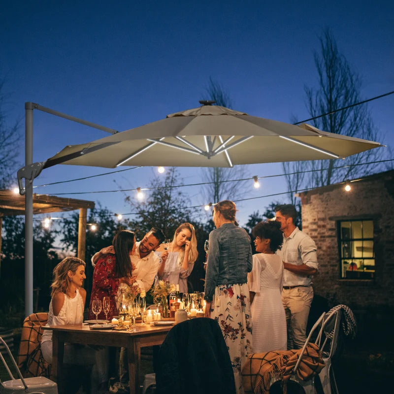 Khaki 3m Adjustable Parasol With LED Solar Lights