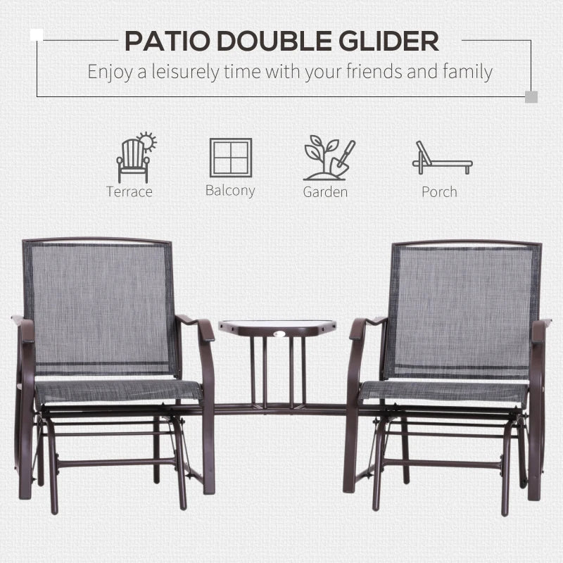 Pair of Rocking Chairs with Table & Breathable Mesh Fabric Seat - Brown Frame & Grey Mesh