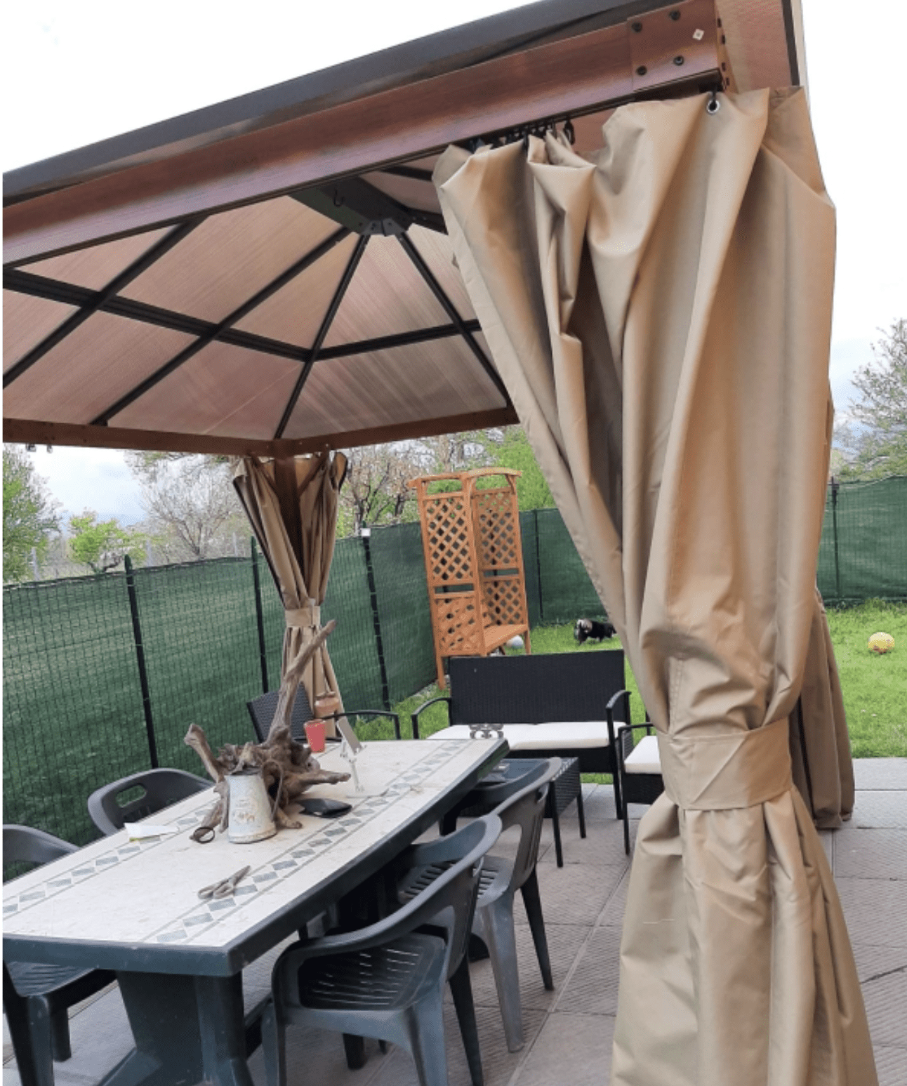 Khaki 3 x 3.6m Hardtop Garden Gazebo with Protective Netting and Convertible Curtains - Trade Warehouse