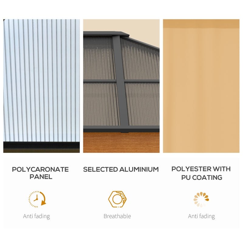 Khaki 3 x 3.6m Hardtop Garden Gazebo with Protective Netting and Convertible Curtains - Trade Warehouse