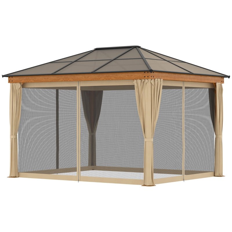 Khaki 3 x 3.6m Hardtop Garden Gazebo with Protective Netting and Convertible Curtains - Trade Warehouse