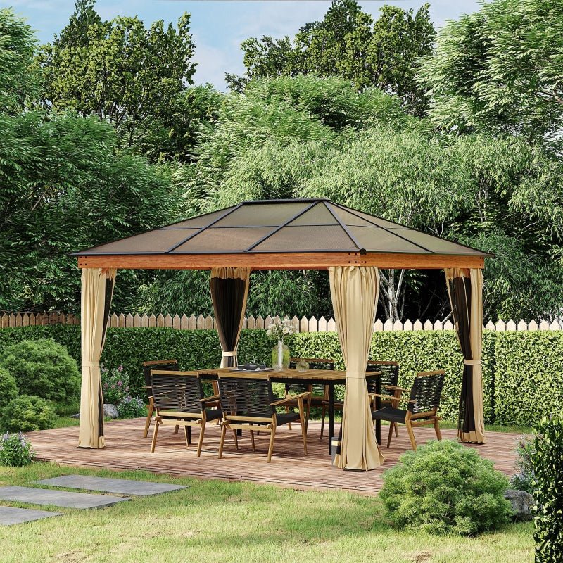 Khaki 3 x 3.6m Hardtop Garden Gazebo with Protective Netting and Convertible Curtains - Trade Warehouse