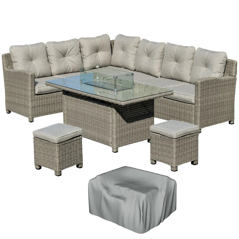 8-Seater Rattan Sofa Set With Fire Pit Table, L-Shape Sofa, Footstool and Furniture Cover