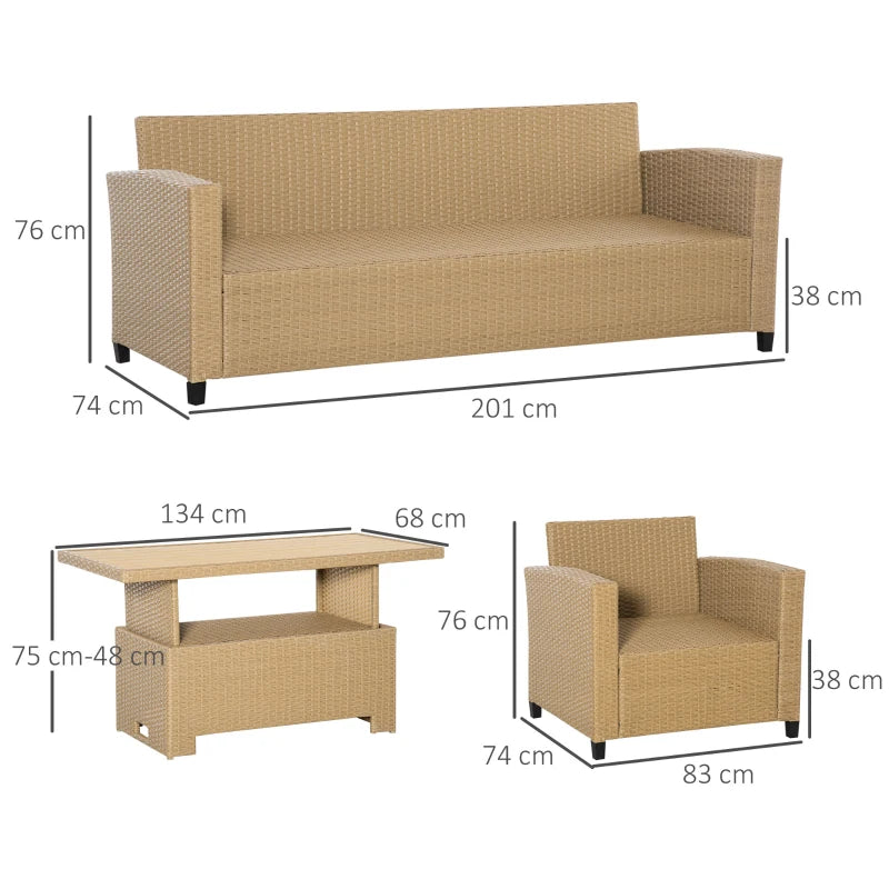 Light Brown 4 Piece Rattan Furniture Set With Adjustable Table & Thick Cushions