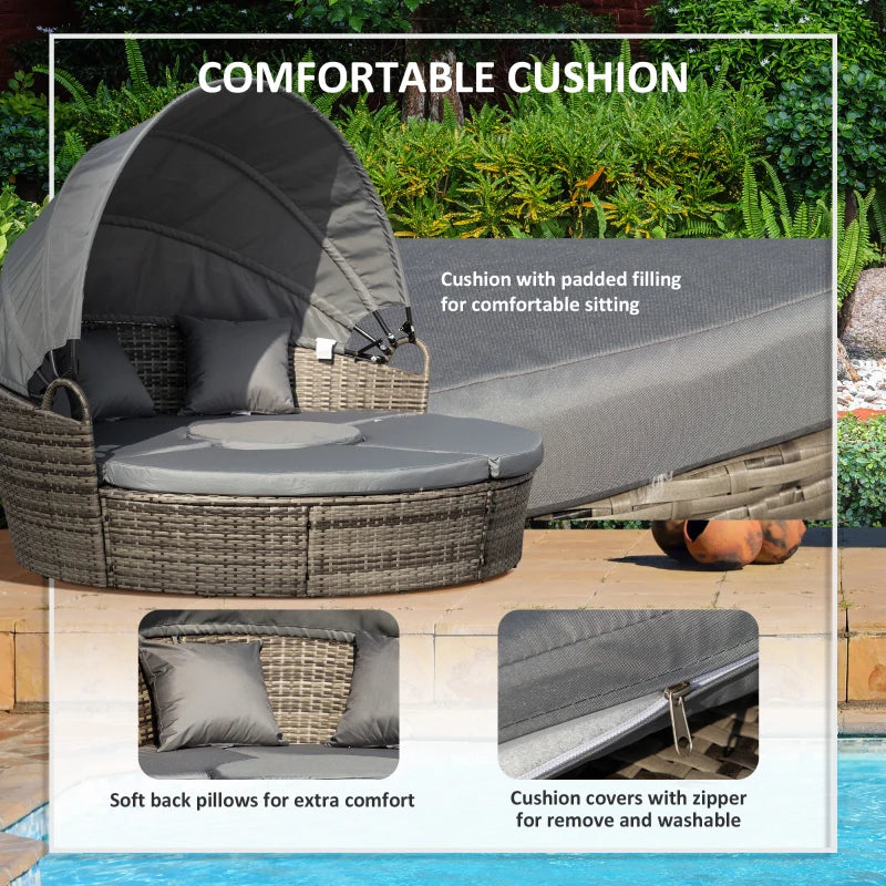 Dark Grey Round Rattan Daybed with Retractable Canopy and Coffee Table