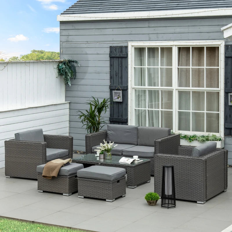 Grey 6 Piece Rattan Sofa Set With Loveseat Stool