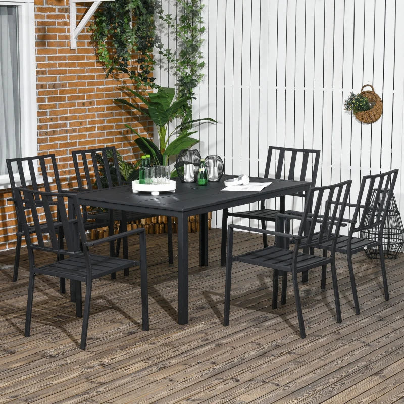 Black 7 Piece Metal Garden Dining Set With Table & 6 Stackable Chairs