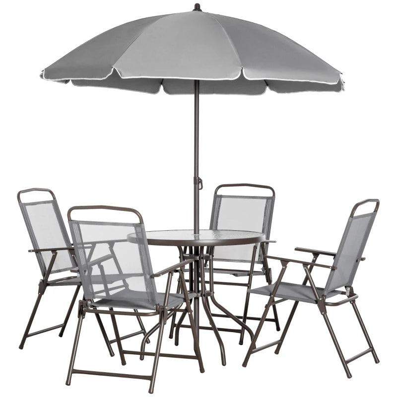 Grey 6 Piece Dining Set With Foldable Chairs & Parasol
